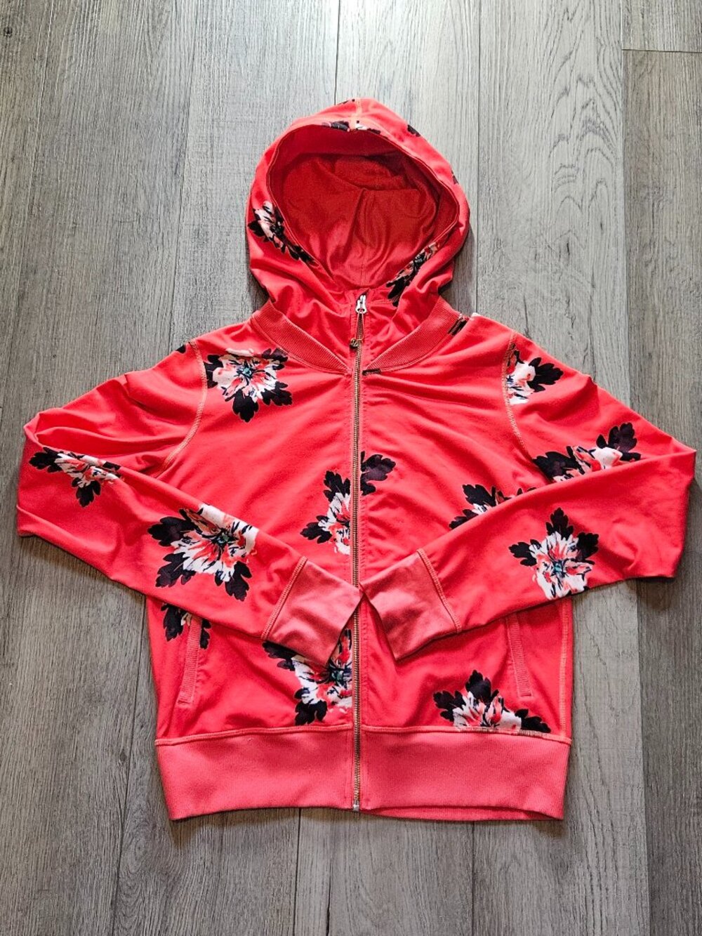 Lululemon Namaskar Full-Zip Hoodie Coral Red Floral Print Athletic Jacket Sz 8